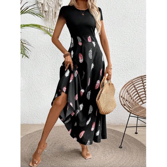 Black Printed Feather Patterned Dress - Picture 2 of 9